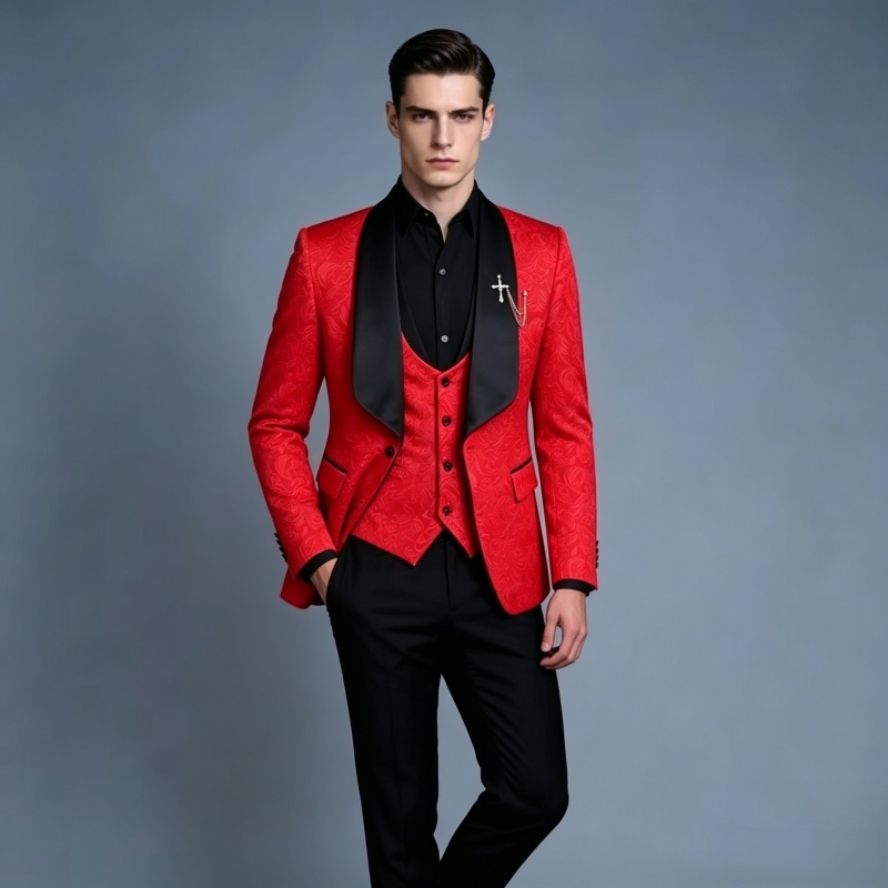 Men Formal Wear Pink - メンズ ピンク＆ホワイト スリムフィット 3ピース 花柄ジャカード タキシードスーツ