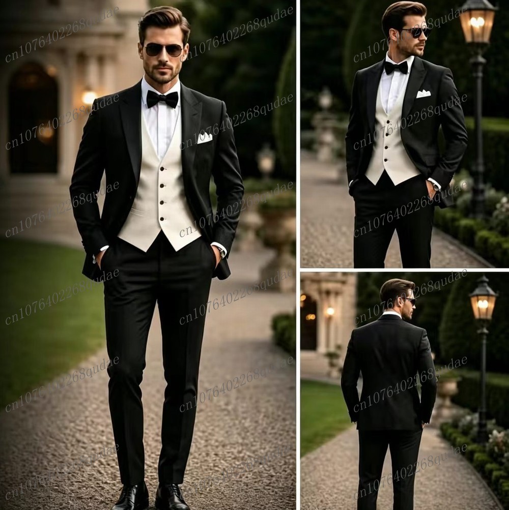 Formal Wear For Men Black Suit - フォーマルな黒と白のメンズスーツ、結婚式、新郎、花婿の付添人、男性用タキシード、新郎衣装、3ピースセット、ブレザー、ベスト、パンツ