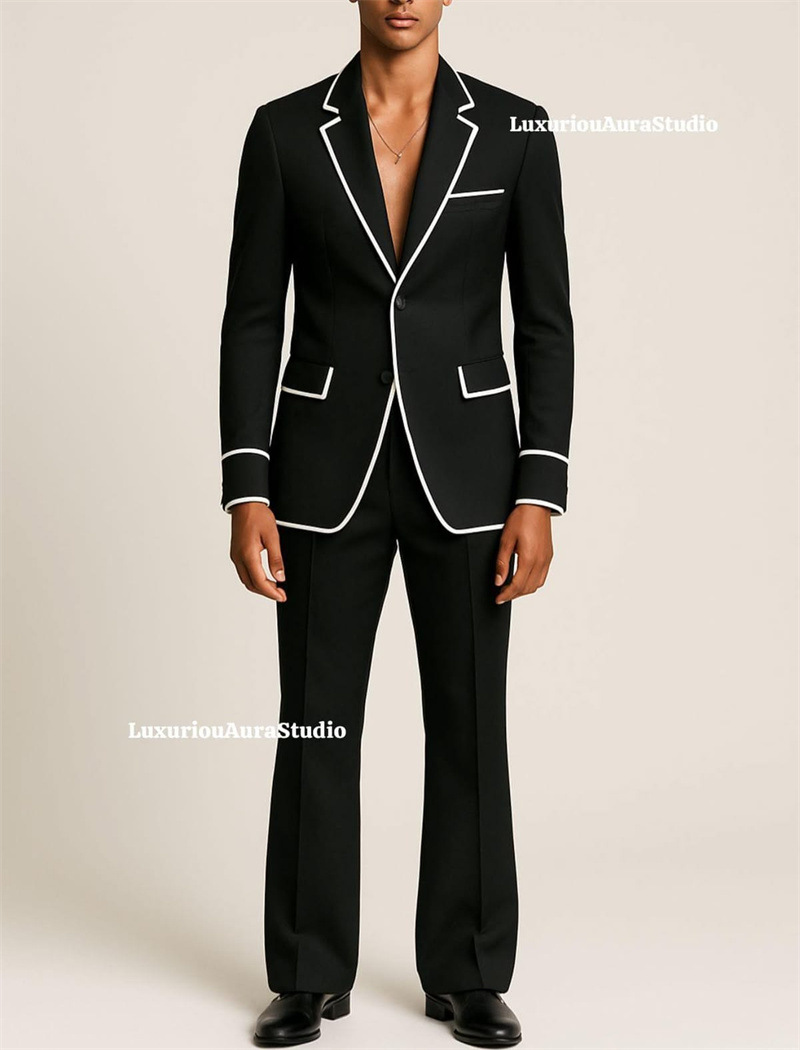 Formal Wear For Men Black Suit - デザイナーブラックメンズスーツセット 2ピース ブレザー+パンツ ホワイトストライプ カスタマイズフォーマルオフィスジャケット ウェディングタキシード