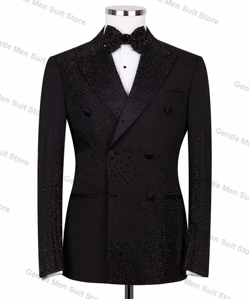 Formal Wear For Men Black Suit - 男性用の豪華な黒のクリスタルブレザーとズボンのスーツ,フォーマルなオフィスジャケット,タキシード,ウエディングコート,コットン,カスタマイズ,2個
