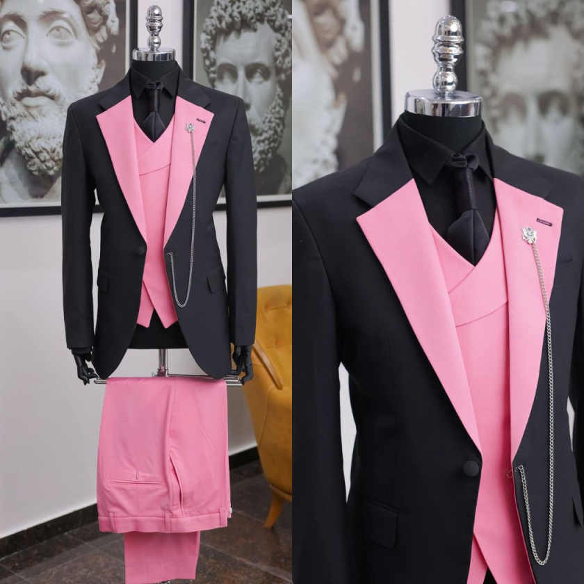 Men Formal Wear Pink - 高級ブラックピンク男性タキシードショールラペルスリーピーススーツ結婚式プロムパーティーフォーマルウェアカスタムメイド M263934