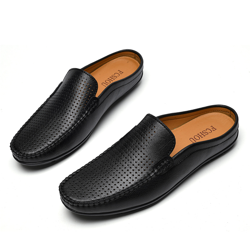 Men'S Luxury Formal Wear - メンズクローズドトゥハーフシューズ ブラックブルー ミュールスリッパ スリップオン 本革 牛革