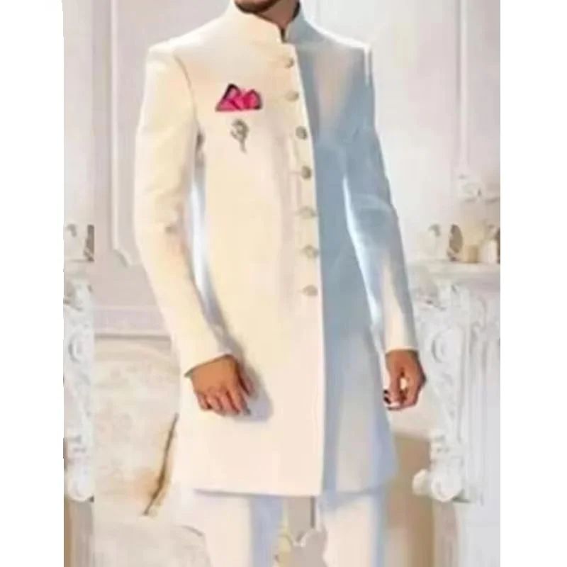 Men Formal Wear Indian - ニュークラシックホワイトメンズスーツロングブレザーシングルブレストインドデザインタキシードグルームスーツメンズスリムウェディングフォーマルウェア2ピース