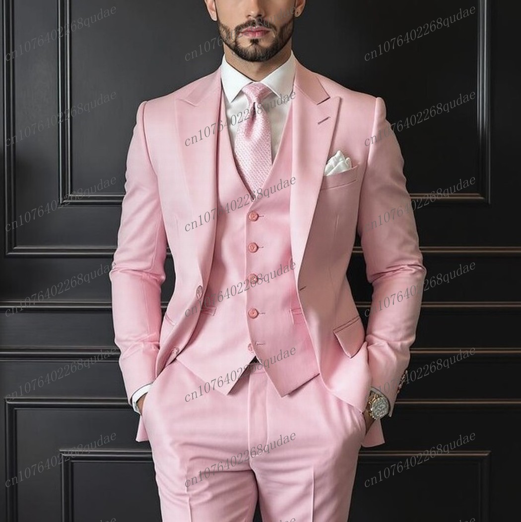Men Formal Wear Pink - ピンクフォーマルな機会男性スーツ結婚式パーティー新郎花婿の付添人男性ビジネスタキシード衣装 3 点セットブレザーベストパンツ