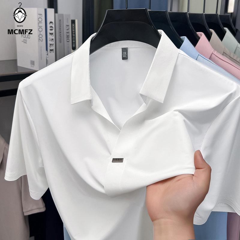 Men Formal Wear For Summer - シンプルな隠しボタン付きメンズフラットラペルシャツ、シングルメタルディテール、クールストレッチ、防しわ加工、夏用フォーマル、普段着