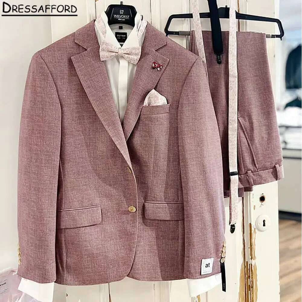 Men Formal Wear Pink - ピンクのフォーマルウェディングスーツメンズビジネススーツ 2 ピースジャケット + パンツ男性タキシード新郎着用