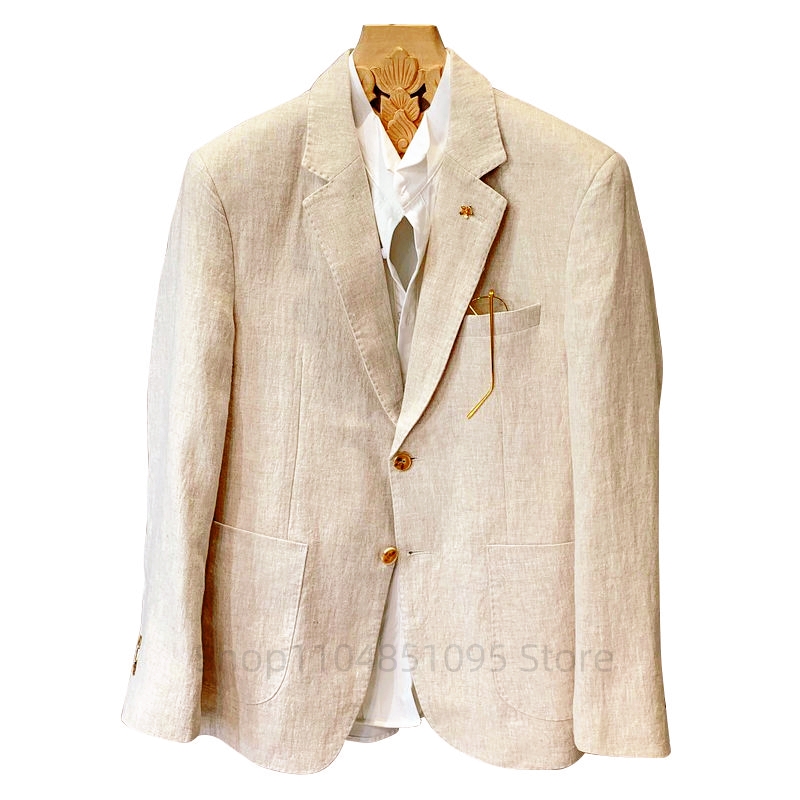 Men Formal Wear For Summer - ベージュ男性スーツリネンブレザージャケットビジネスカジュアルスーツデザイナーコート新しい春夏フォーマルウェアスリムフィットブレザートップス