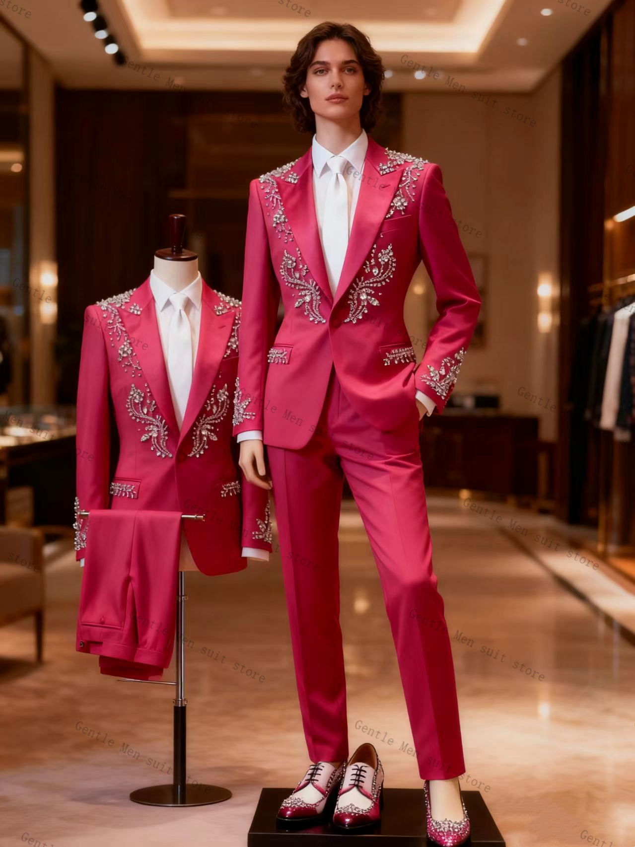 Men Formal Wear Pink - ピンク男性スーツセット 2 個ブレザー + パンツズボンクリスタル新郎結婚式タキシード綿フォーマルオフィスビジネスジャケットコートカスタマイズ