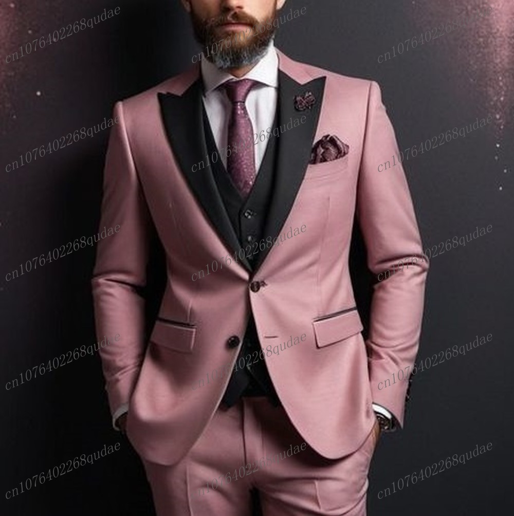 Men Formal Wear Pink - ダークピンクと黒のフォーマルメンズスーツ、結婚式、新郎、介添人、男性用タキシード、新郎衣装、3ピースセット、ブレザー、ベスト、パンツ
