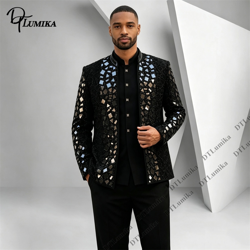 Formal Wear For Men Black Suit - 男性黒マンダリンカラースーツミラーモザイクラインストーン装飾ブレザーパンツステージパフォーマンス歌手パーティープロムクラブ着用