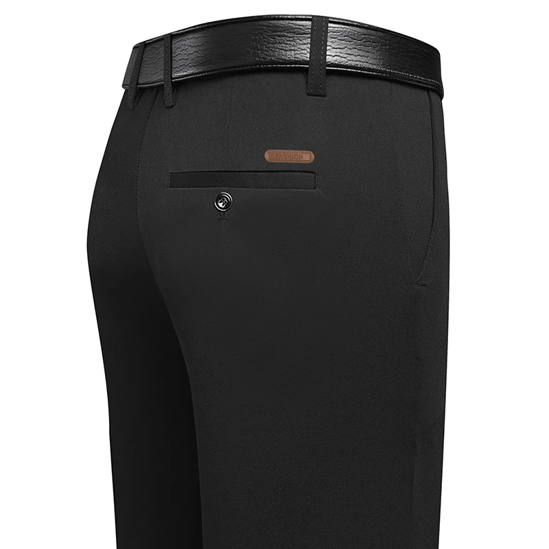 Men Formal Wear For Summer - メンズロング丈ストレートレッグドレスパンツ、レザーラベルバックポケット、リラックスフィットトラウザーズ、ビジネスミーティング、デイリーフォーマルウェアに最適