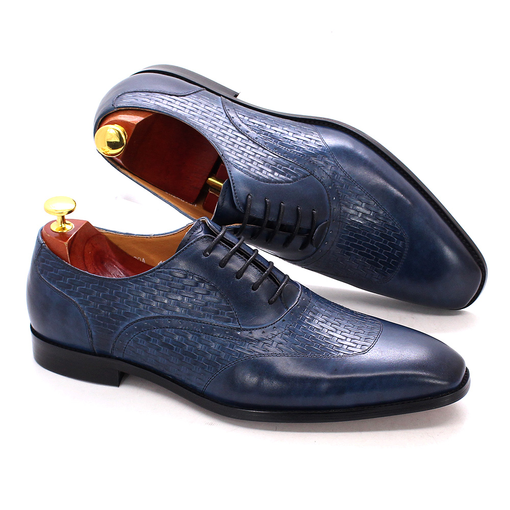 Men'S Luxury Formal Wear - 男性用の本革オックスフォードシューズ,高品質のビジネスシューズ,先のとがったつま先,レース付き,黒と青