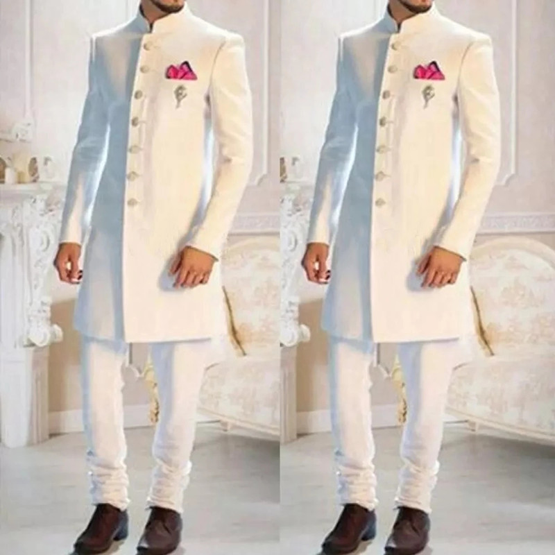 Men Formal Wear Indian - ファッションデザインホワイトスタンド襟シングルブレストエスニックインドタキシード新郎ロング男性の結婚式フォーマルスリムフィット着用2pc