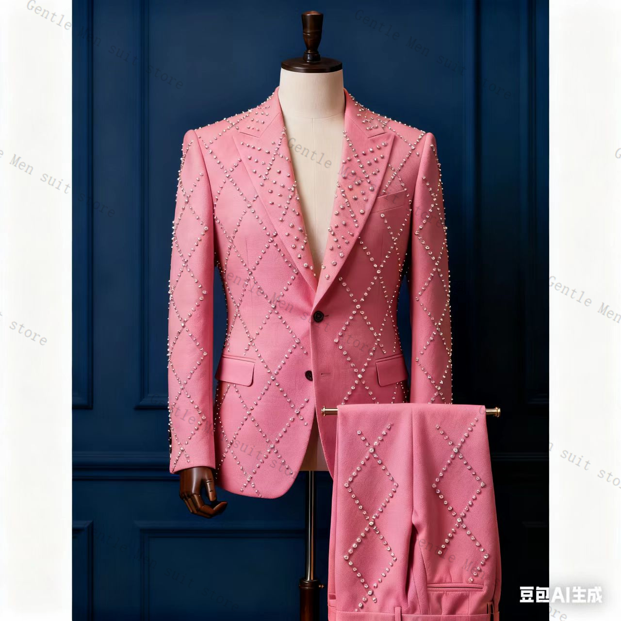 Men Formal Wear Pink - ピンク男性スーツセット 2 ピースストーンブレザー + パンツズボン綿結婚式タキシードフォーマルビジネスオフィスジャケットコートカスタマイズ