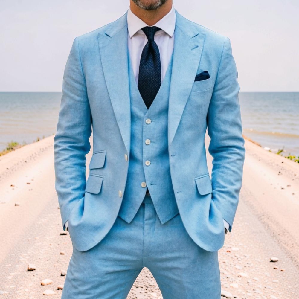 Men Formal Wear For Summer - スカイブルーリネンメンズウェディングタキシード3ピースプロムスーツサマーライトウェイトスリムフィットブレザーベストパンツセット通気性フォーマルパーティー