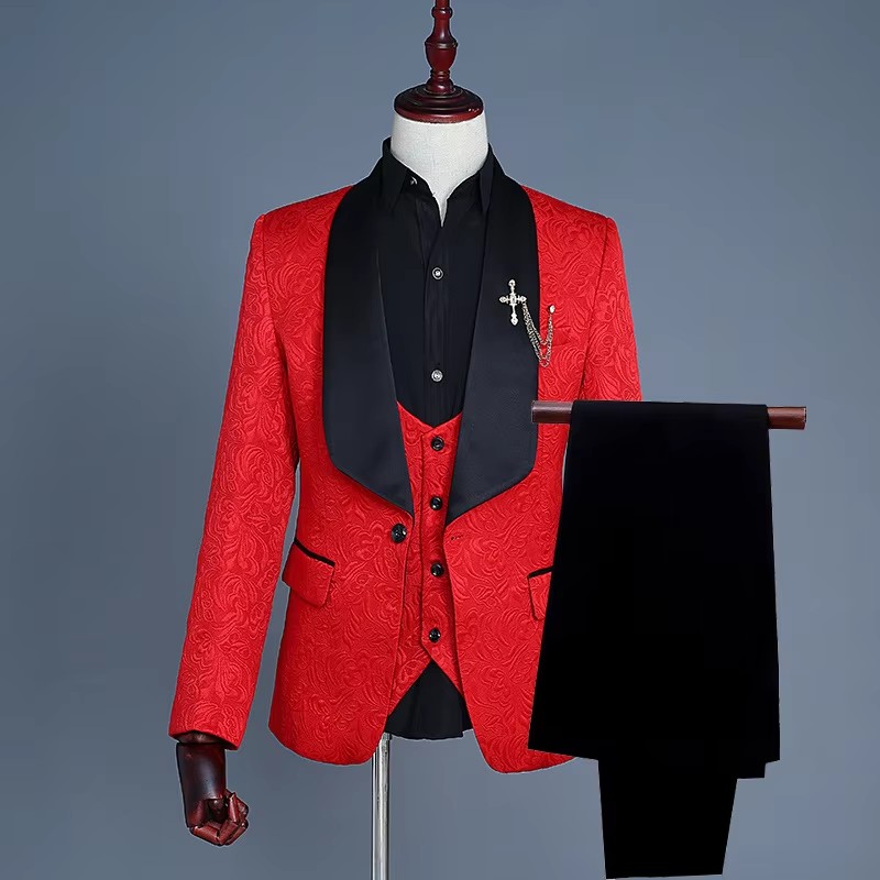 メンズ ピンク＆ホワイト スリムフィット 3ピース 花柄ジャ - Men Formal Wear Pink のレビューと価格