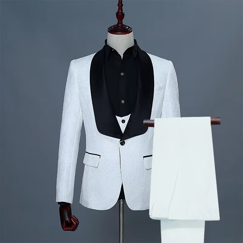メンズ ピンク＆ホワイト スリムフィット 3ピース 花柄ジャ - Men Formal Wear Pink のレビューと価格