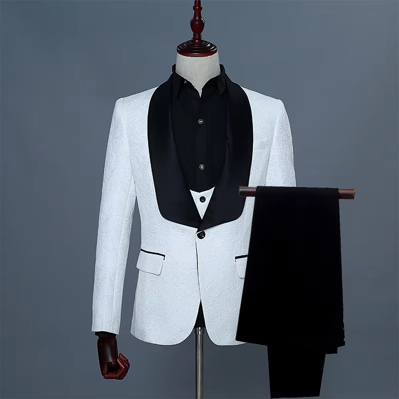 メンズ ピンク＆ホワイト スリムフィット 3ピース 花柄ジャ - Men Formal Wear Pink のレビューと価格