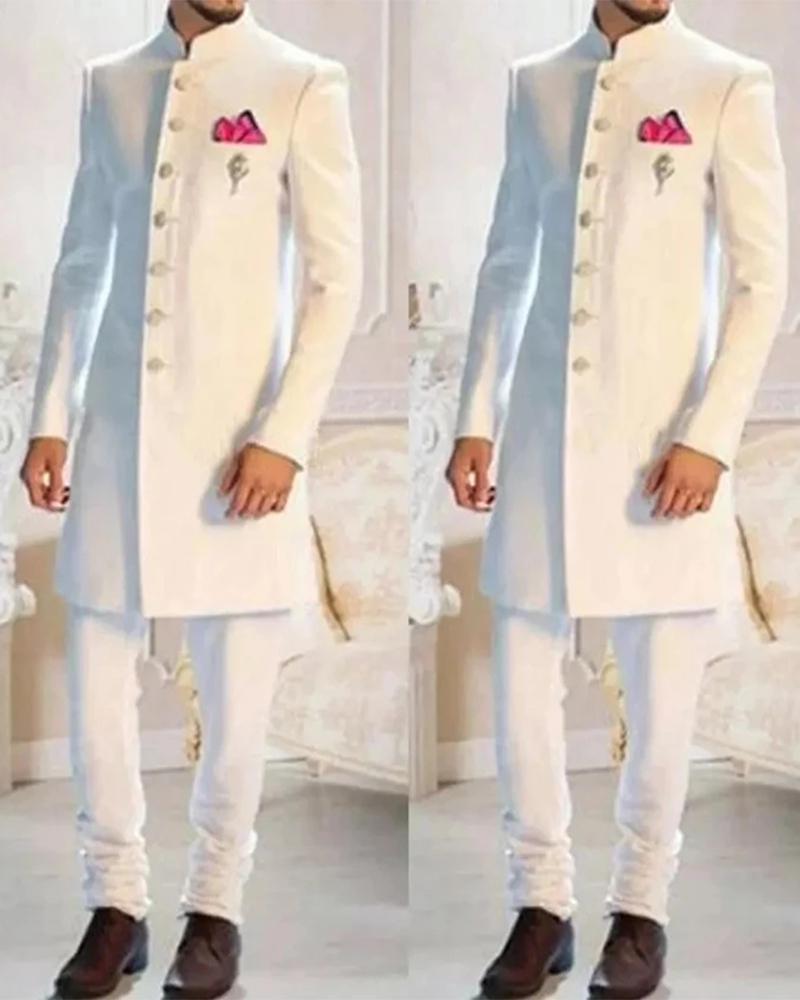 2Pc ファッションデザイン白人男性スーツスタンドカラーロン - Men Formal Wear Indian のレビューと価格