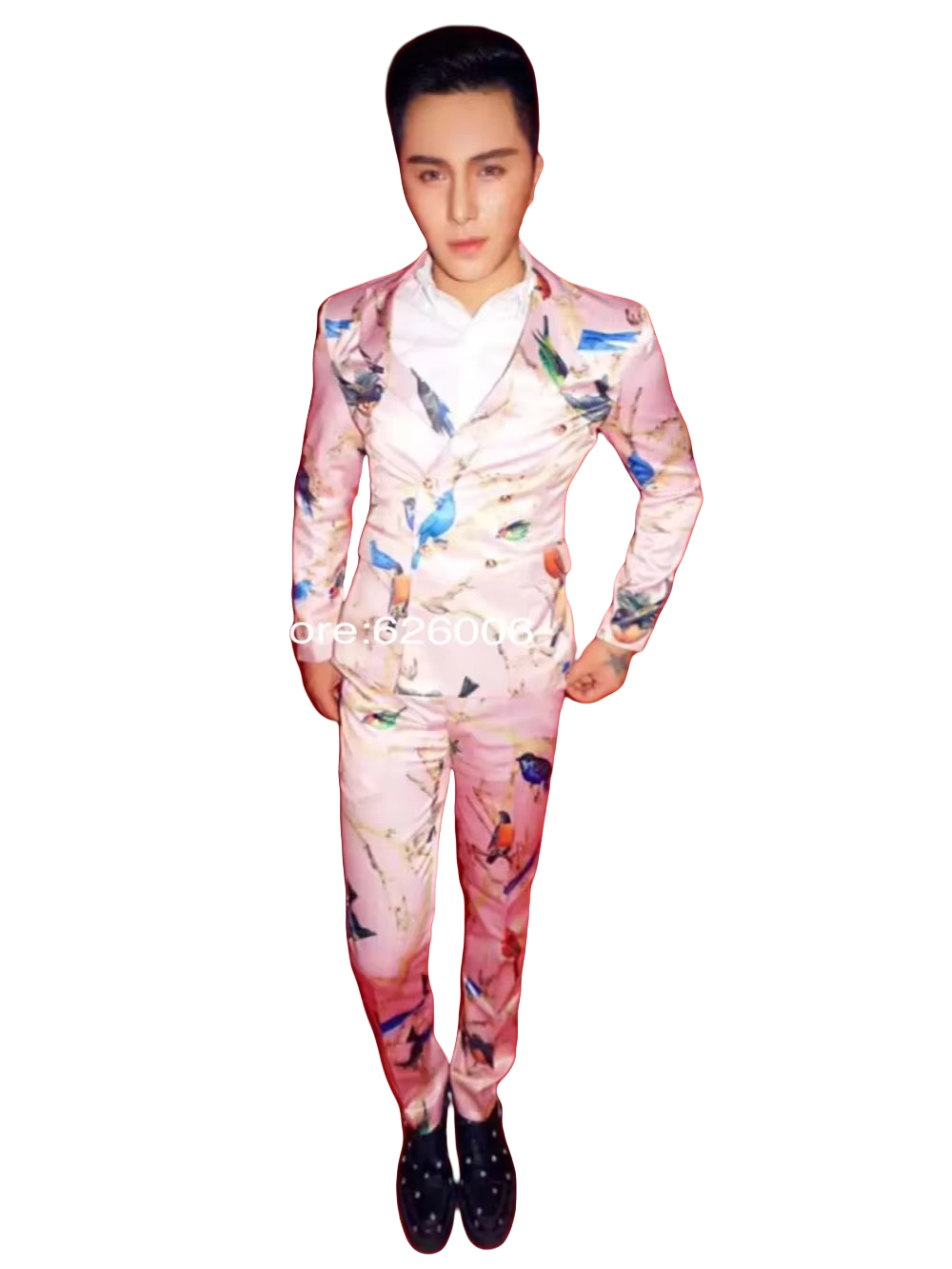 メンズファッションフラワーピンク鳥プリントスーツ衣装ナイトク - Men Formal Wear Pink のレビューと価格