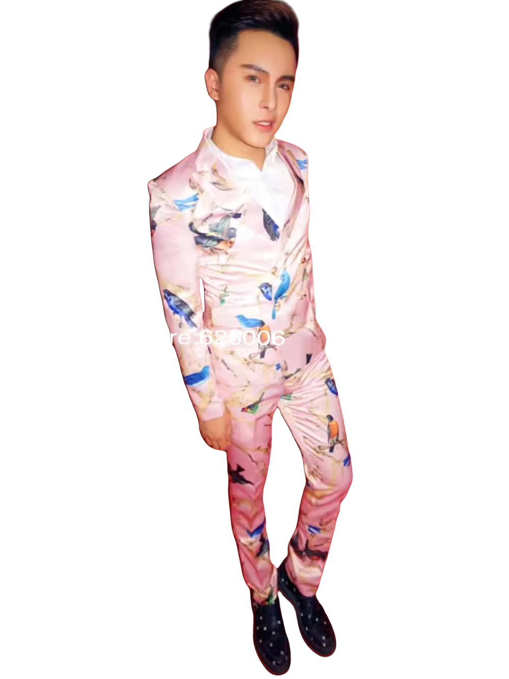 メンズファッションフラワーピンク鳥プリントスーツ衣装ナイトク - Men Formal Wear Pink のレビューと価格