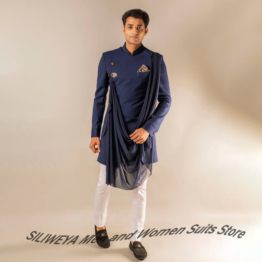 エレガントなメンズネイビーブルーインドスタイルスーツ高級2ピ - Men Formal Wear Indian のレビューと価格