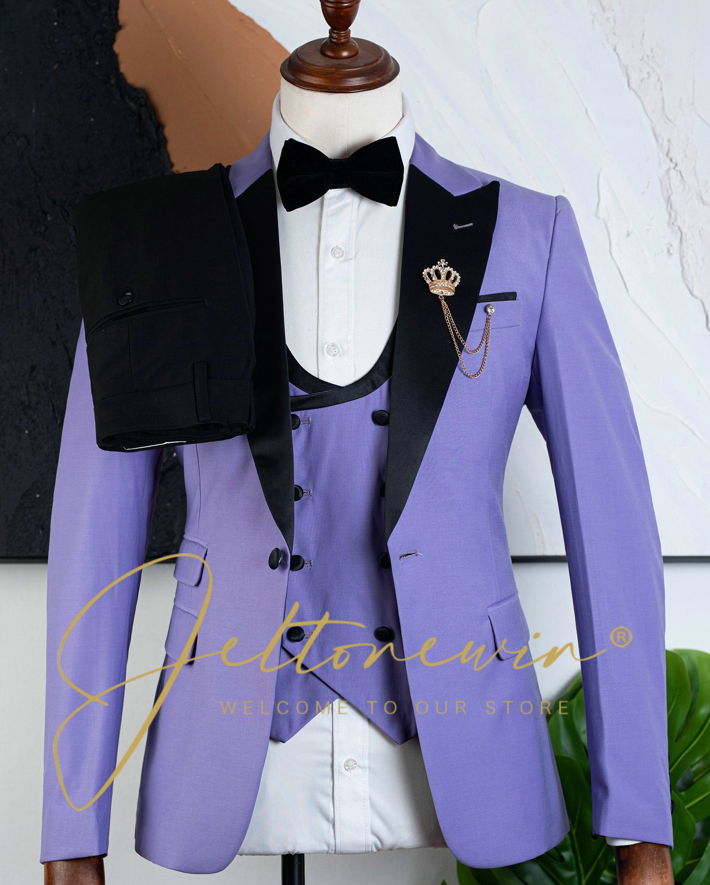 メンズ パープル スリーピース タキシードスーツセット ブラ - Formal Wear For Men Black Suit のレビューと価格