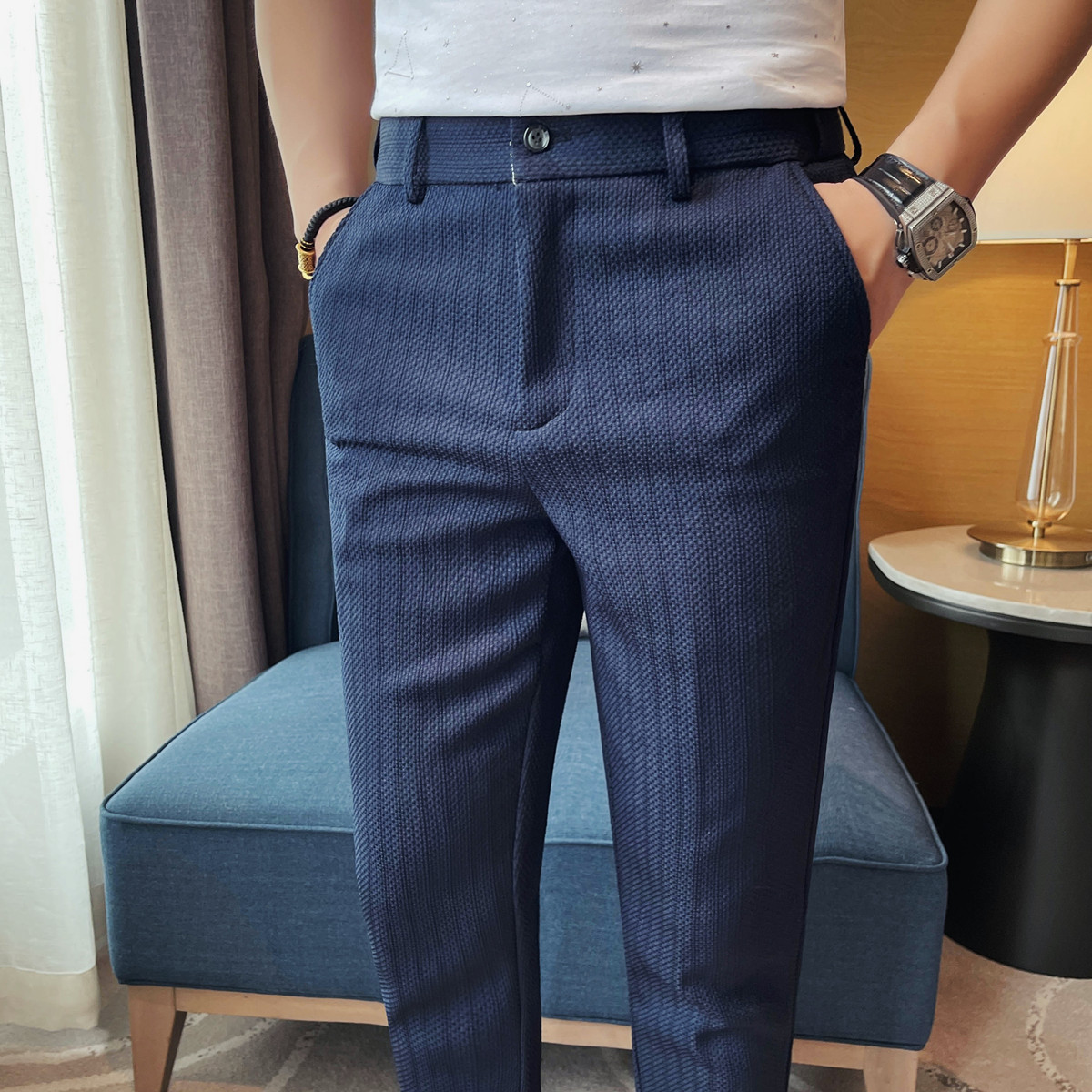 2025 春夏の新メンズ薄いストライプカジュアルパンツファッ - Men Formal Wear Set のレビューと価格