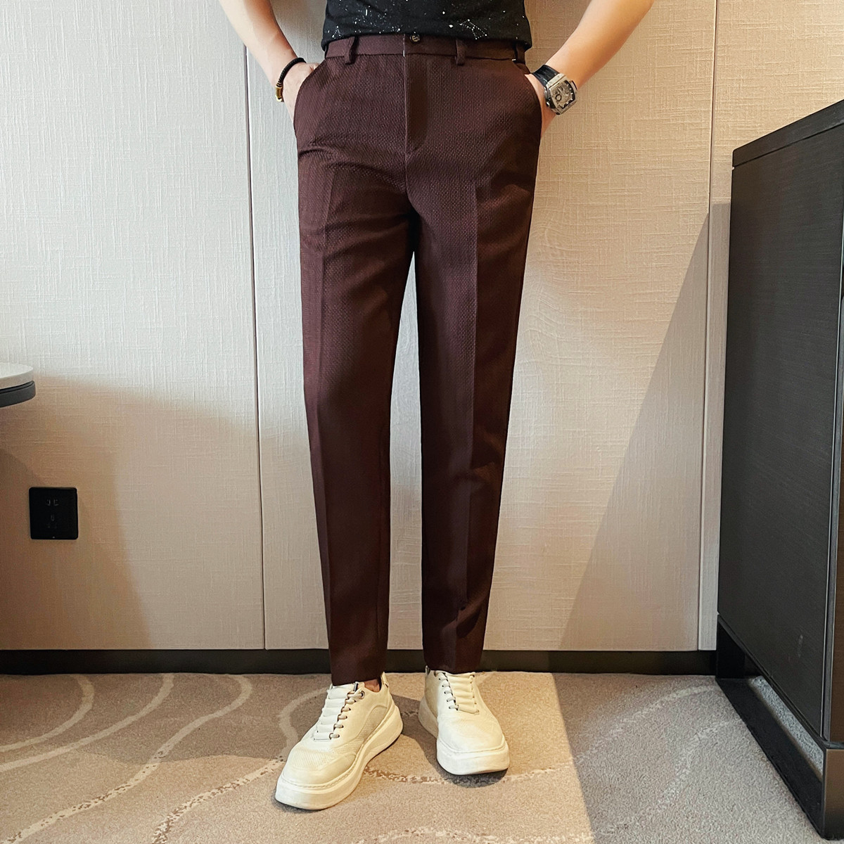 2025 春夏の新メンズ薄いストライプカジュアルパンツファッ - Men Formal Wear Set のレビューと価格
