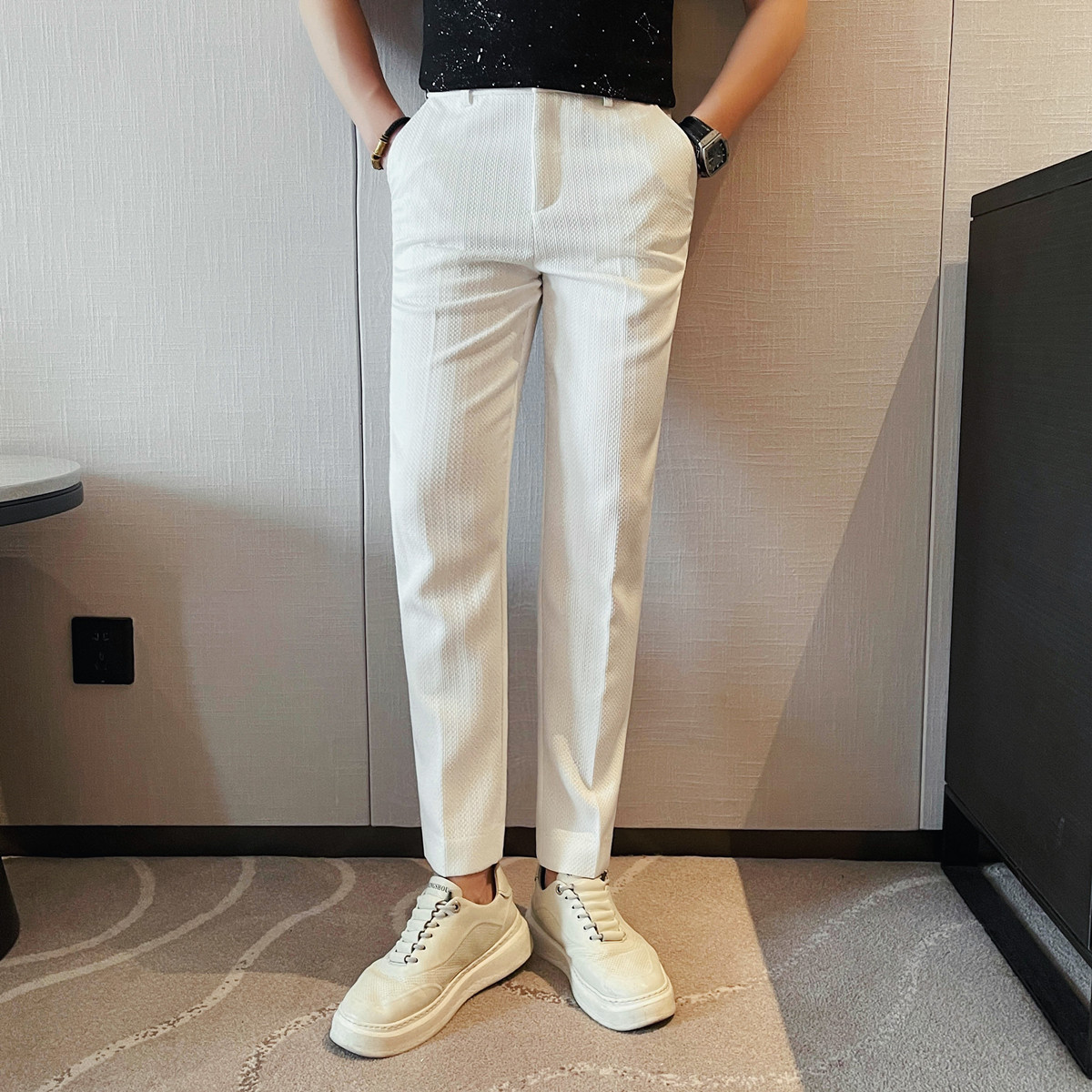 2025 春夏の新メンズ薄いストライプカジュアルパンツファッ - Men Formal Wear Set のレビューと価格