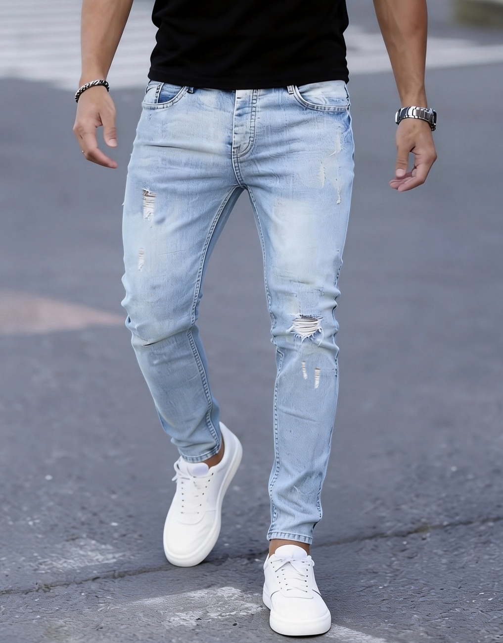 メンズスリムフィットストレッチダメージジーンズ - 透けにく - Men Formal Wear With Jeans のレビューと価格