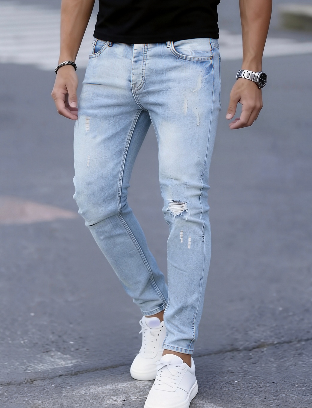 メンズスリムフィットストレッチダメージジーンズ - 透けにく - Men Formal Wear With Jeans のレビューと価格