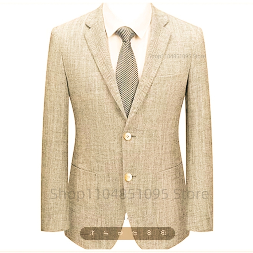 メンズスリムフィットリネンスーツブレザー ベージュ/ブルー  - Men Formal Wear For Summer のレビューと価格
