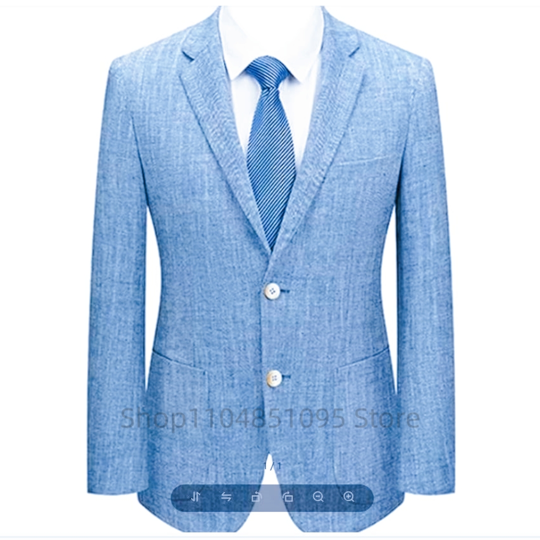 メンズスリムフィットリネンスーツブレザー ベージュ/ブルー  - Men Formal Wear For Summer のレビューと価格