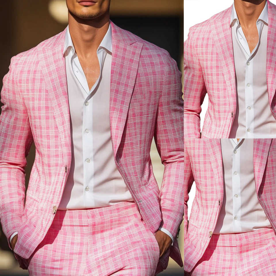 夏ピンクチェック柄メンズタキシードピークドラペルフォーマルパ - Men Formal Wear Pink のレビューと価格