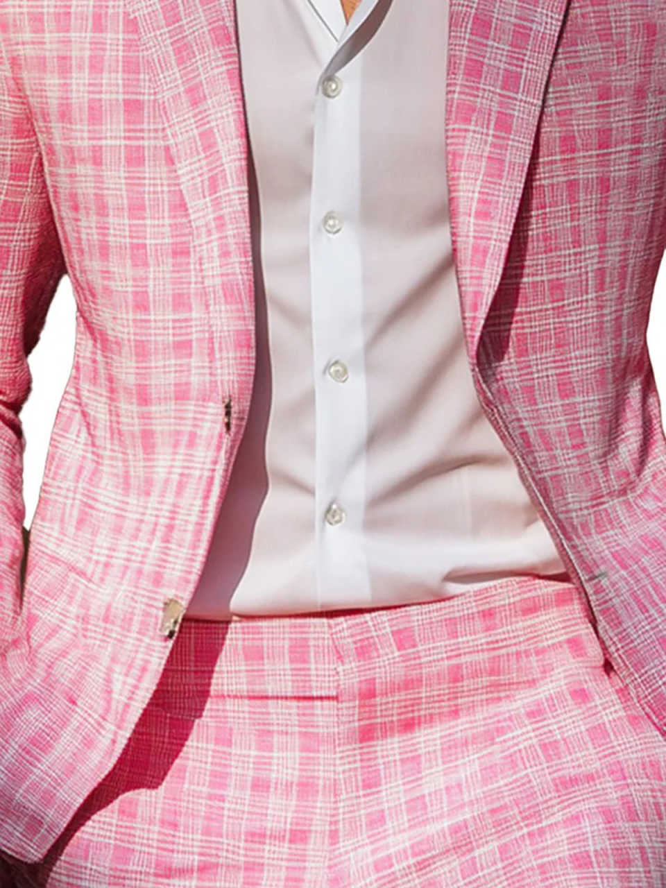 夏ピンクチェック柄メンズタキシードピークドラペルフォーマルパ - Men Formal Wear Pink のレビューと価格