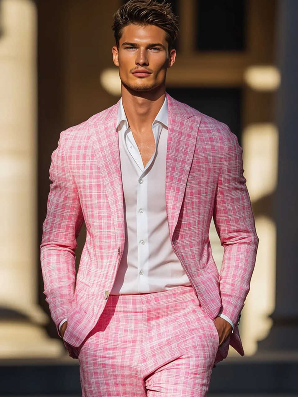 夏ピンクチェック柄メンズタキシードピークドラペルフォーマルパ - Men Formal Wear Pink のレビューと価格
