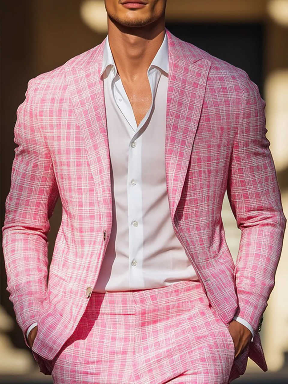 夏ピンクチェック柄メンズタキシードピークドラペルフォーマルパ - Men Formal Wear Pink のレビューと価格