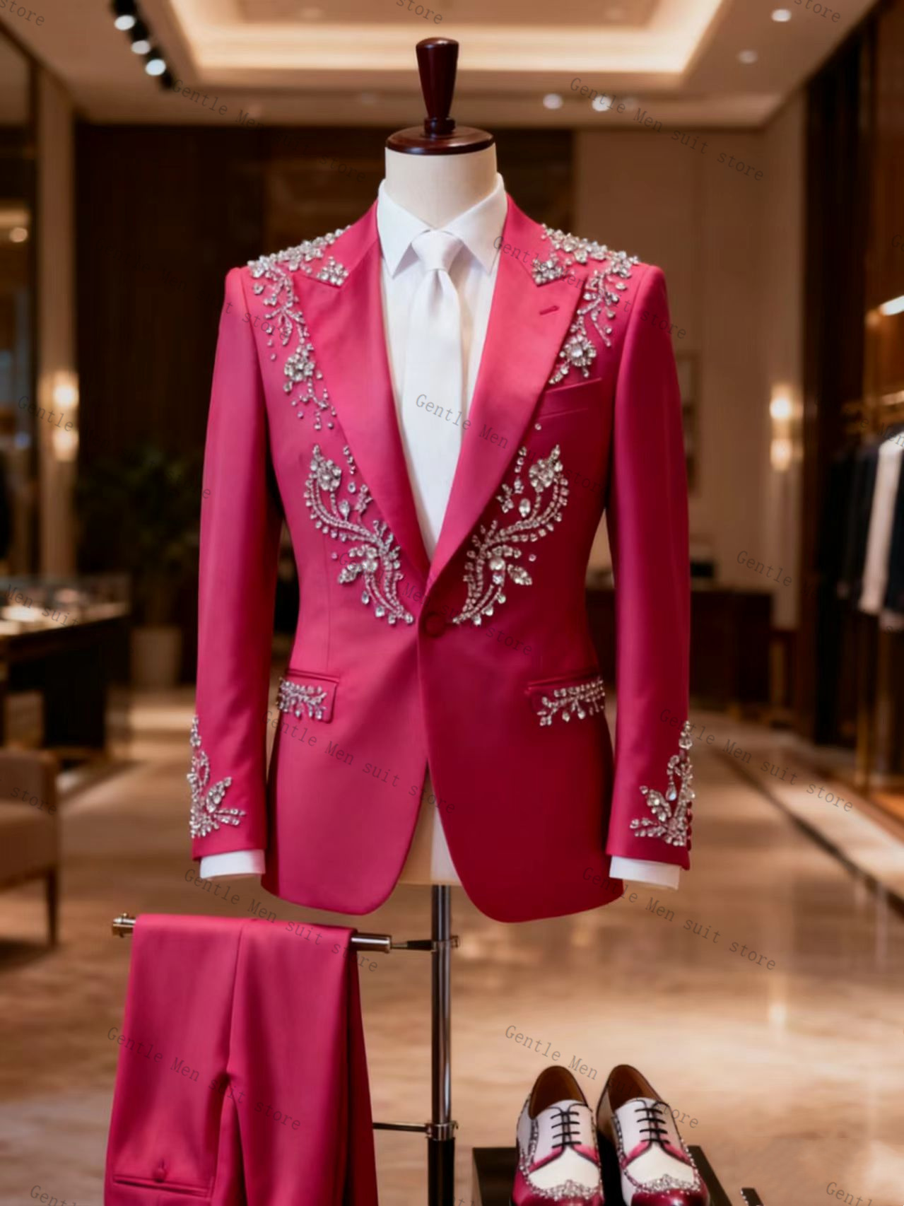 ピンク男性スーツセット 2 個ブレザー + パンツズボンクリ - Men Formal Wear Pink のレビューと価格