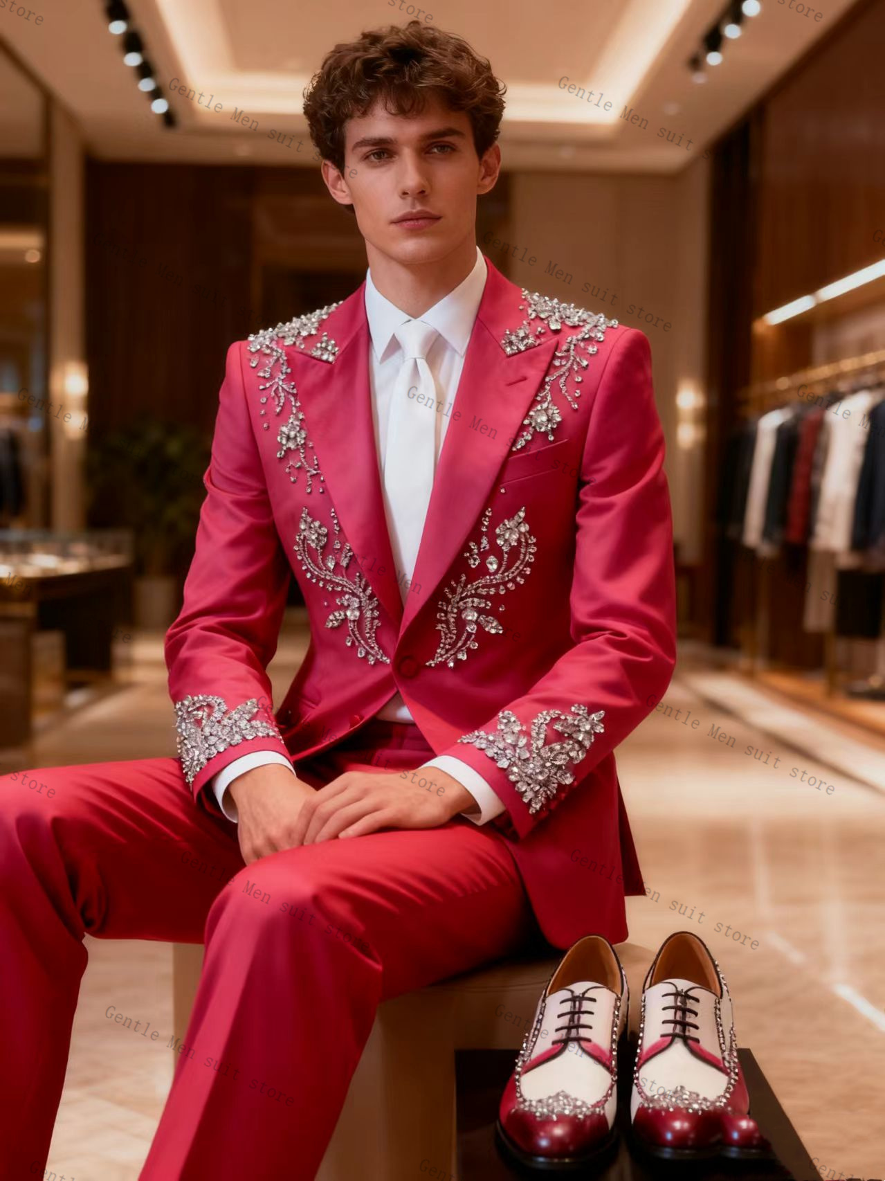 ピンク男性スーツセット 2 個ブレザー + パンツズボンクリ - Men Formal Wear Pink のレビューと価格