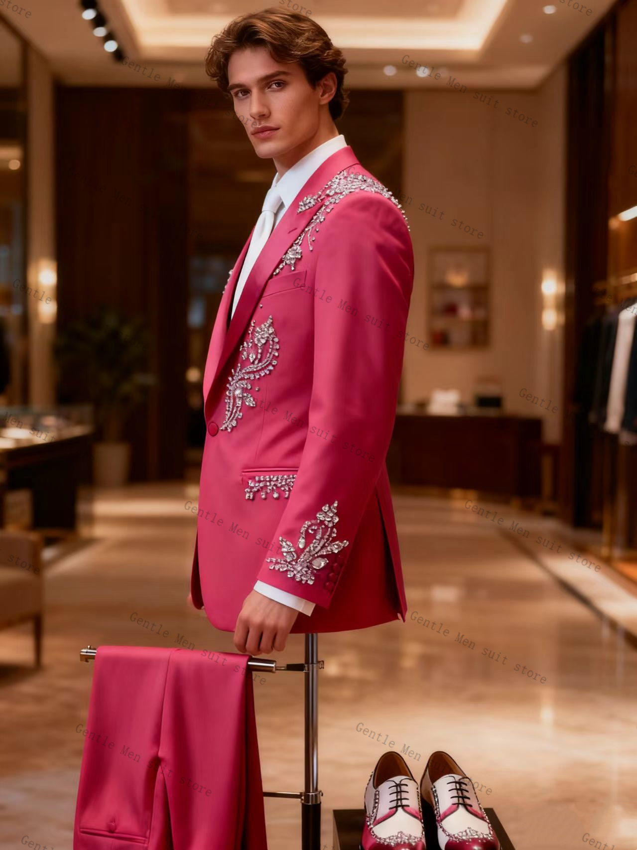 ピンク男性スーツセット 2 個ブレザー + パンツズボンクリ - Men Formal Wear Pink のレビューと価格