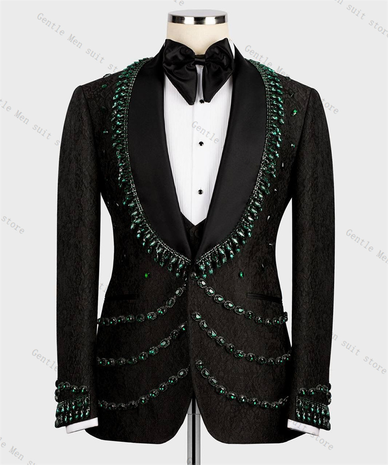 高級クリスタルメンズスーツセット 2 個黒ブレザー + パン - Formal Wear For Men Black Suit のレビューと価格