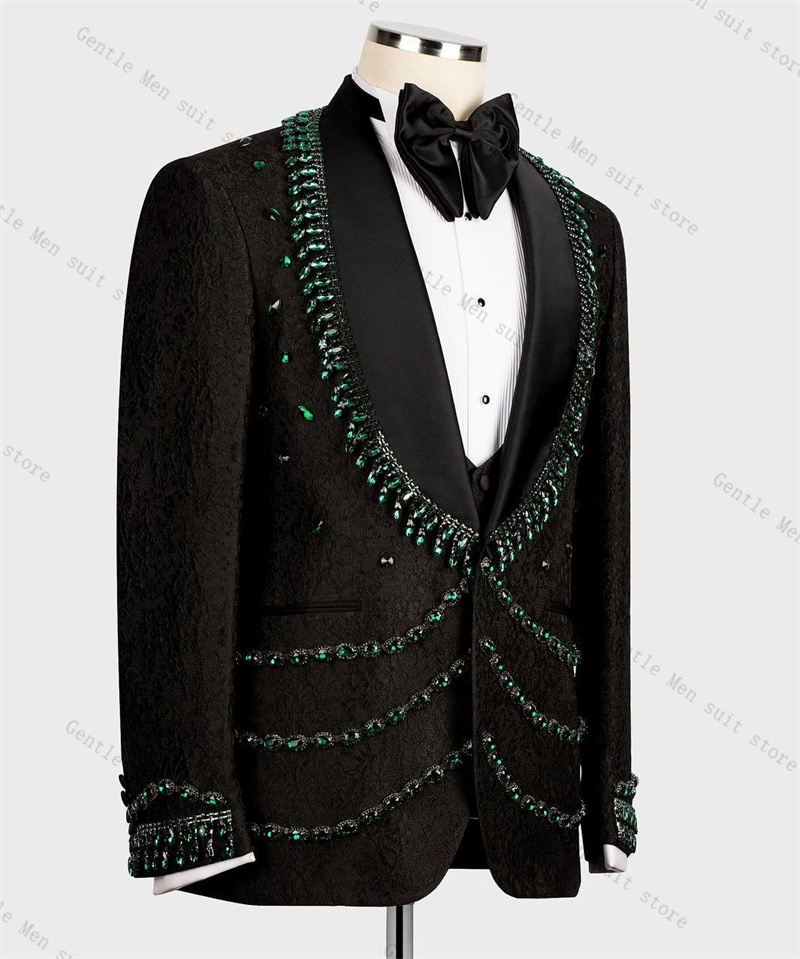 高級クリスタルメンズスーツセット 2 個黒ブレザー + パン - Formal Wear For Men Black Suit のレビューと価格