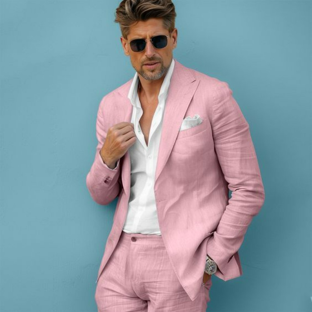リネンウェディングメンズスーツスリムフィットブレザーパンツセ - Men Formal Wear For Summer のレビューと価格
