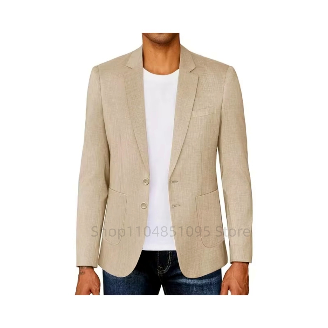 スリムフィットメンズベージュ/ブルーリネンブレザーカジュアル - Men Formal Wear For Summer のレビューと価格