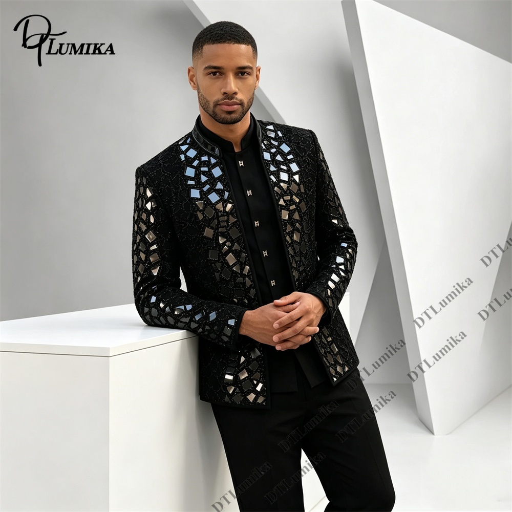 男性黒マンダリンカラースーツミラーモザイクラインストーン装飾 - Formal Wear For Men Black Suit のレビューと価格
