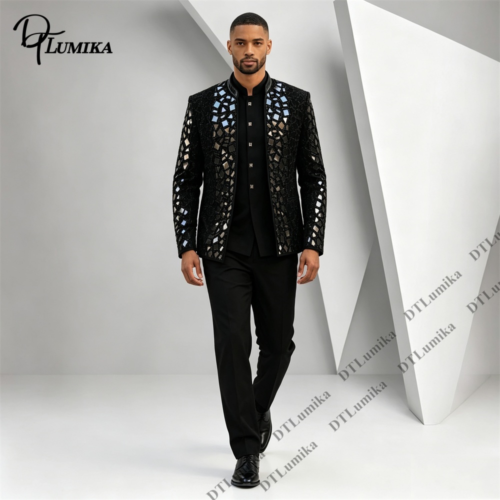 男性黒マンダリンカラースーツミラーモザイクラインストーン装飾 - Formal Wear For Men Black Suit のレビューと価格