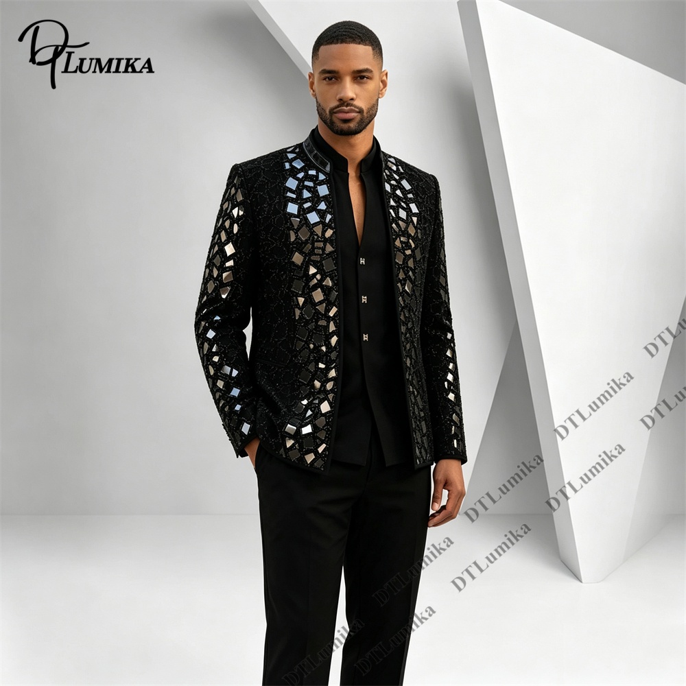 男性黒マンダリンカラースーツミラーモザイクラインストーン装飾 - Formal Wear For Men Black Suit のレビューと価格