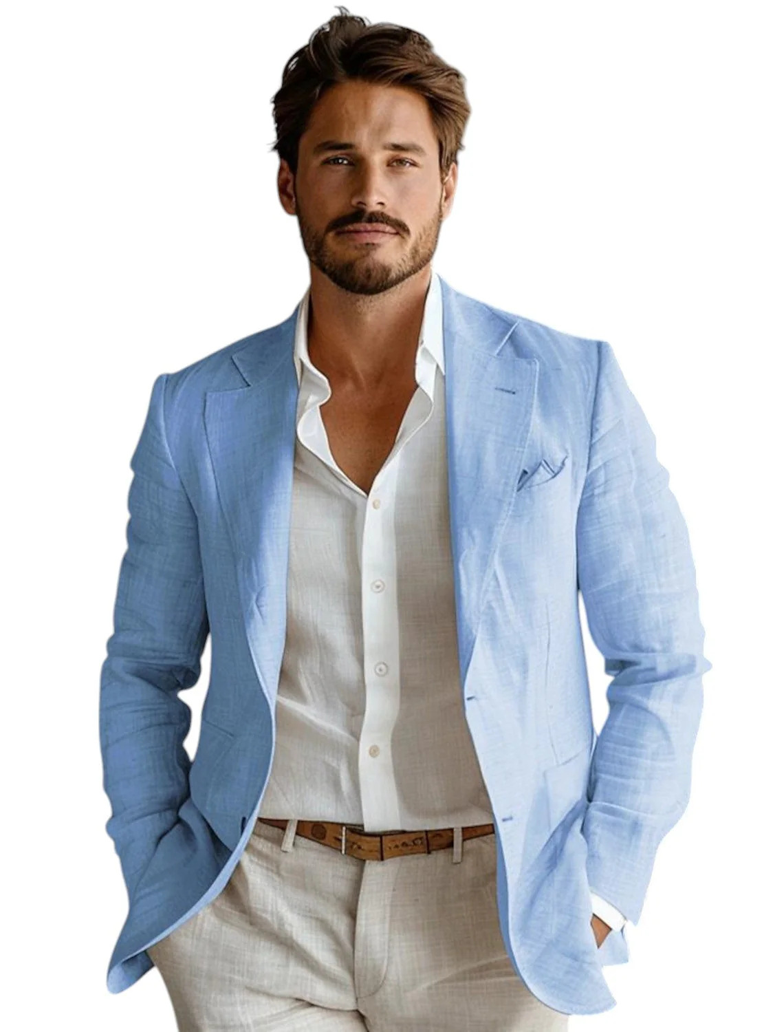 ブルーのスリムフィットメンズリネンブレザーカジュアルパーティ - Men Formal Wear For Summer のレビューと価格