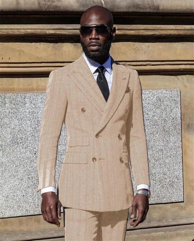 メンズヘリンボーンスーツ、新郎、ビジネス、ワイドラペル、ツー - Men Formal Wear Pink のレビューと価格